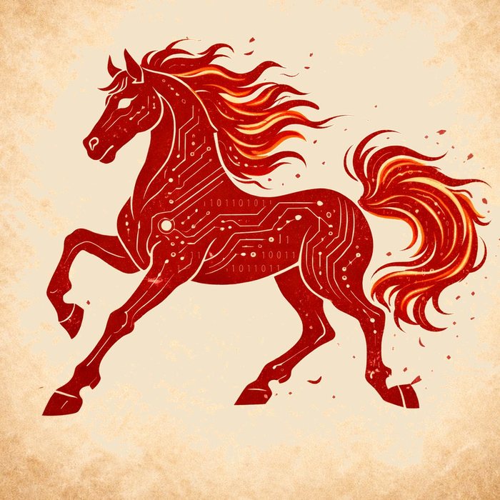 Agni, Yeehaw Advisory's fire-horse mascot — a woodcut-style red horse drawn from circuit lines and binary code